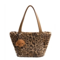 Faux fur leopard print tote bag with brown PU leather handles and cute dog charm decoration - 25*24*10 / Khaki With Pendant