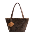Faux fur leopard print tote bag with brown leather handles and a cute puppy plush charm - 25*24*10 / Brown with Pendant