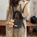 Dark gray faux lamb wool bucket bag with teddy texture and cute bear pendant accessory - With Charm / Brown