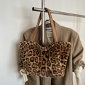 Large leopard print faux fur tote bag with brown straps for casual winter styling - 25*24*10 / Khaki Without Pendant