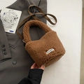 Chic brown plush bucket bag with fuzzy sheepskin texture and crossbody strap - No Pendant / Brown