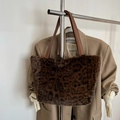 Faux fur leopard print tote bag with brown leather handles for winter fashion style - 25*24*10 / Brown Without Pendant