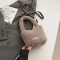Deep brown plush teddy faux fur bucket bag with adjustable crossbody strap and label - No Pendant / Gray