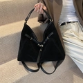 Large black faux suede tote bag with golden metal hardware and smooth leather straps - Black