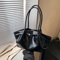Large black pleated patent leather tote bag with gold buckle and slim straps - Black