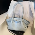 Large capacity light blue pleated tote bag with metallic glossy finish and long shoulder strap - Blue