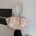 Pink pleated leather tote bag with gold metal buckles and slim long shoulder straps - Pink