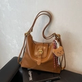 Retro brown large capacity shoulder bag in soft leather with cute bear charm - Khaki with Pendant