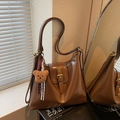 Vintage large dark brown tote bag with glossy finish and cute plush bear charm - Brown with Pendant