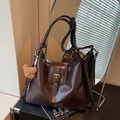 Retro dark brown large capacity faux leather tote bag with stylish buckle and plush bear charm - Coffee with Pendant