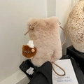 Sac bandoulière en fausse fourrure beige avec pendentif poupée mignon pour femme hiver - Khaki avec Pendentif