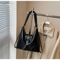 Retro black glossy leather tote bag with golden buckle and hobo style shoulder strap - Black without Pendant