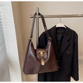 Vintage large capacity dark brown tote bag in glossy leather with bronze hardware - Coffee No Charm
