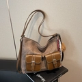 Vintage brown commuter tote bag with double front pockets and a cute bear charm - Coffee (With Charm)