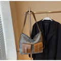 Sac fourre-tout rétro en toile grise avec poches en cuir marron et boucles métalliques - Brun Foncé (Sans Pendentif)