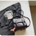 Deep brown glossy PU leather backpack with gold buckle straps and adjustable shoulder straps - No Pendant / Coffee