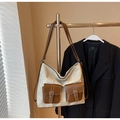 Vintage large capacity tote bag in beige and brown contrast design with double front pockets - Rice White (Without Charm)