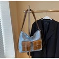 Retro light blue hobo bag with brown leather pockets for women's commuting - Denim Blue (Without Charm)