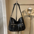 Black large capacity faux leather tote bag with double pockets and white contrast stitching - Black without Pendant