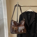 Deep brown oversized PU leather tote bag with functional pockets and gold buckles - Coffee No Charm