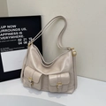 Cream white multi-pocket hobo shoulder bag in soft leather with golden buckles - Off-white Without Pendant