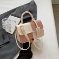 Elegant color-block pink and beige French retro flap square bag with adjustable strap - With Pendant / Off White