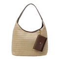 Grande borsa tote in paglia con manici in pelle marrone e ciondolo per l'estate casual - Cachi