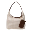 Elegante borsa tote in paglia beige con finiture in ecopelle marrone e astuccio abbinato - Bianco Sporco