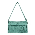 Close-up of pleated mint green shoulder bag with silver buckles and adjustable strap - Azure Green