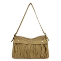 Detailed close-up of khaki pleated shoulder bag featuring high-quality metal buckle closure - Earthy Yellow