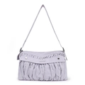 Detail view of the ruched fabric texture and silver buckle accents on the mauve shoulder bag - Lavender