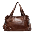 Borsa tote retrò in pelle PU marrone scuro con manici larghi e tracolla regolabile - Marrone