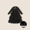 Black long sleeve girls tutu dress with fleece lining and pearl bow detail - 110 / Dresses / Black