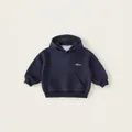 Kids navy blue hooded sweatshirt with white letter embroidery and front kangaroo pocket - 80 / Navy Blue