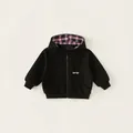 Boys black hooded jacket with classic plaid lining and white adventure print detail - 80 / Black