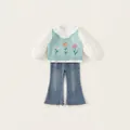 Conjunto de 3 piezas para niña con chaleco azul, camisa blanca y vaqueros con encaje - Blanco (Conjunto de 3 piezas) / 80