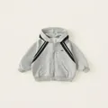 Kids grey hooded zip-up sweatshirt with athletic black side stripes on sleeves - 80 / Tops / Gray