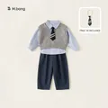 Britse schooluniformset voor kinderen met gestreept shirt, grijs vest en lange broek - 80 / Marineblauw