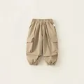 Kids khaki elastic waist cargo pants with side flap pockets and ribbed cuffs - 100 / Khaki