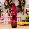 Copribottiglia di vino in maglia rossa con motivo alce e fiocchi con pompon - Rosso
