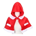Detail of red hooded Christmas cape with white faux fur trim and front tie closure - Red Kids Cape