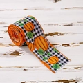 Nastro a quadri bianco e nero con zucche arancioni e bordi cuciti per decorazioni autunnali - Thanksgiving Ribbon Style A
