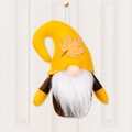 Plush autumn gnome hanging ornament with yellow maple leaf hat and long white beard - Curved Hat