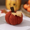 Gebreide herfstdecoratie pompoen in roestoranje met bruine steel en geel viltblad voor de oogst - Oranje