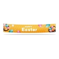 Osterbanner mit HAPPY Easter Text auf orangefarbenem Grund mit bunten Eiern und Gänseblümchen - Orange Frohe Ostern Stil (04)