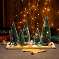 Miniature green sisal Christmas trees with LED lights and colorful balls on a wooden tray - Large Pine Needle Style Set
