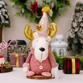 Pink plush reindeer Christmas ornament with golden antlers and decorative wood base - Pink Standing Reindeer