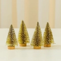 Set of four 10cm mini golden glitter cedar Christmas trees with wooden bases - Gold