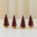 Set of 4 mini red sisal Christmas trees with glitter finish and wooden base - Red