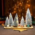 5-piece mini flocked Christmas tree set with warm LED lights and wooden tray - Large Round Snow Powder Set
